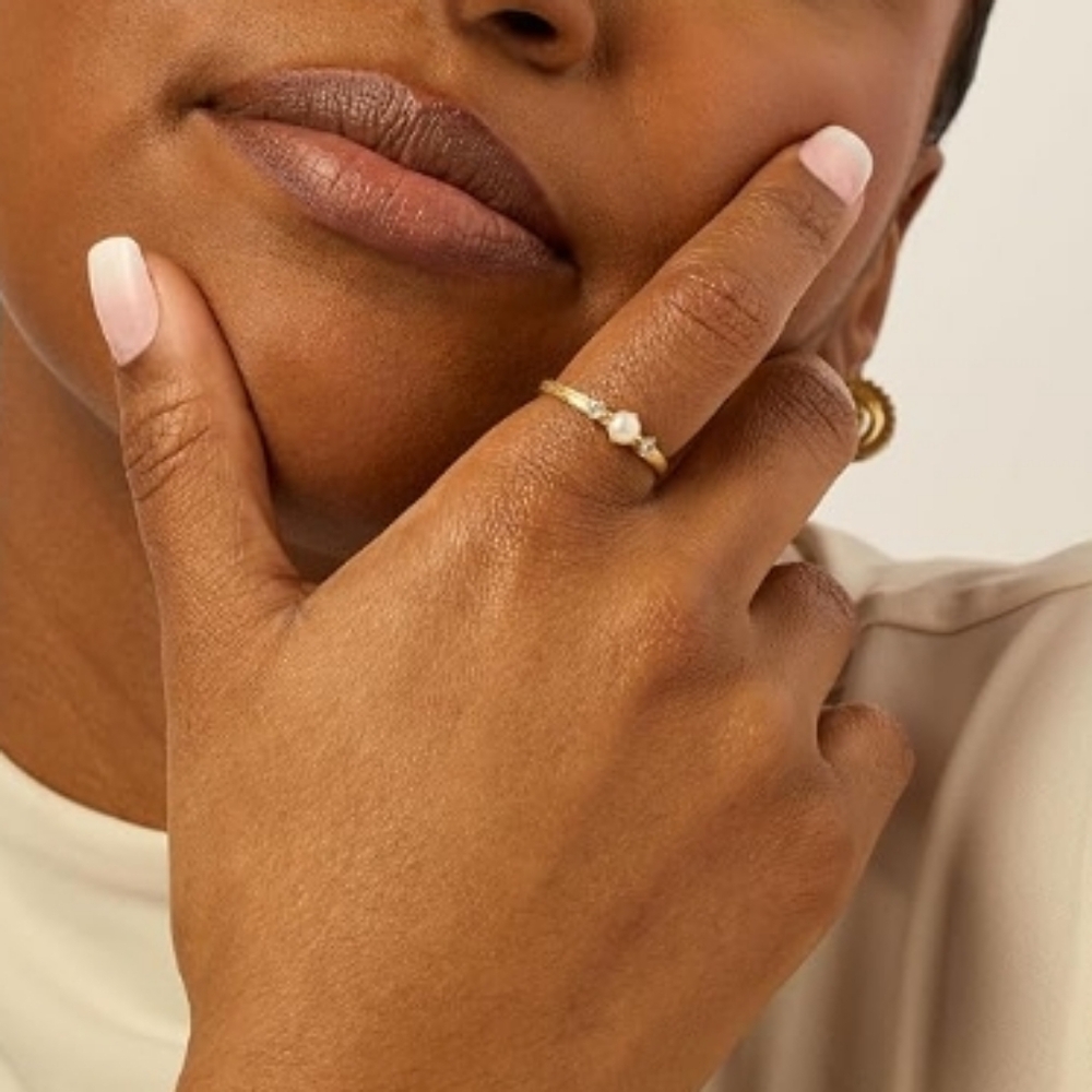 14K Gold Plated Pearl Hammered Dainty Elegant Stackable CZ Thin Ring - Picture 3 of 5